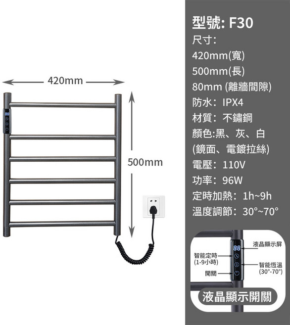 【鼎峰】F30 型號 碳纖維發熱毛巾架 110V 智能恆溫 定時加熱, 槍灰,右出線