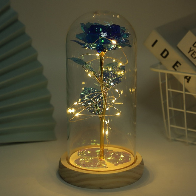 永生花玻璃罩 永生玫瑰花 LED小夜燈 創意永生花禮物, 原木底座款藍色