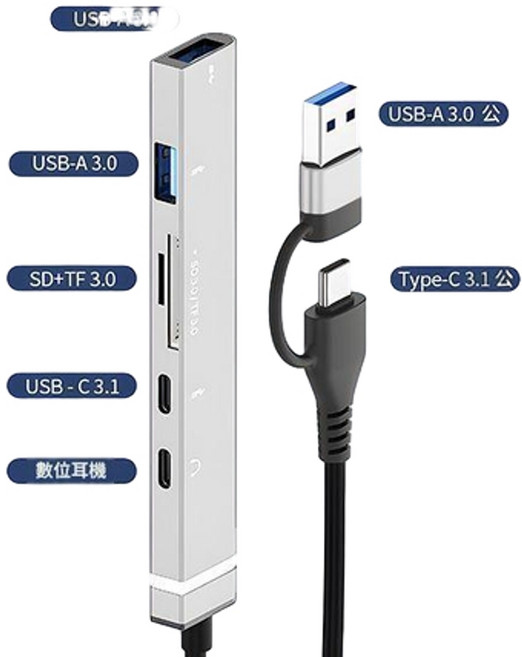 HANQI 六合一 USB 3.0 Type-C 擴充塢轉接頭, 銀色 六合一介面 多功能擴充套件器, 1個