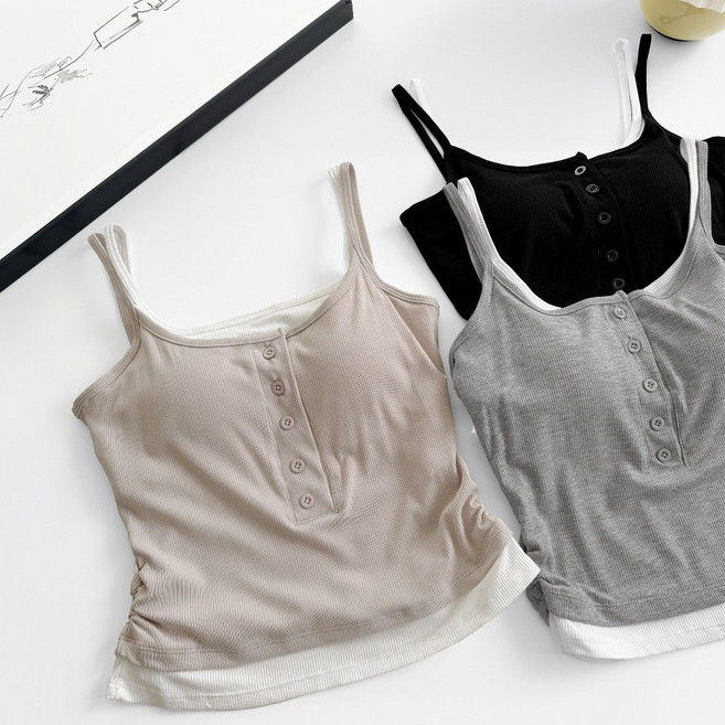 假兩件彈力撞色小可愛 BRA TOP 韓系背心 日系背心 無袖上衣女