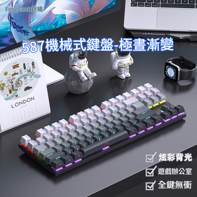 ForgeAnt 銳蟻 F87 機械式鍵盤 87鍵 炫彩背光 遊戲辦公 全鍵無衝, 極晝黑側刻 87鍵 有線混光, 青軸 推薦遊戲兼辦公, BSUN TOY
