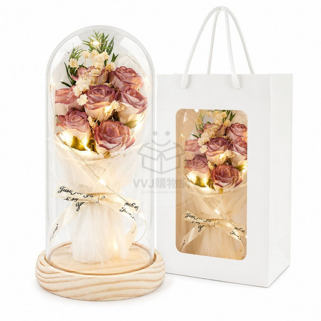 香皂花束燈罩禮盒 永生花燈罩 浪漫燈串, 7朵烏梅子醬原木底【贈燈串+禮袋】, 烏梅子醬