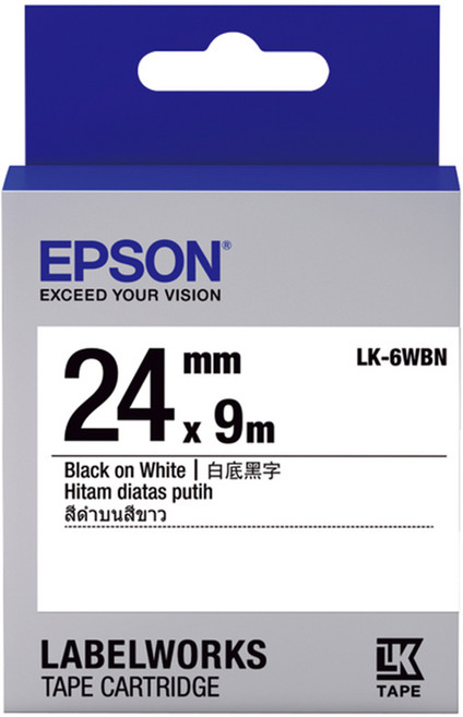EPSON 24mm 標籤帶〈一般系列〉 辦公室文件分類標示首選, LK-6WBN 一入, 白底黑字, 9m