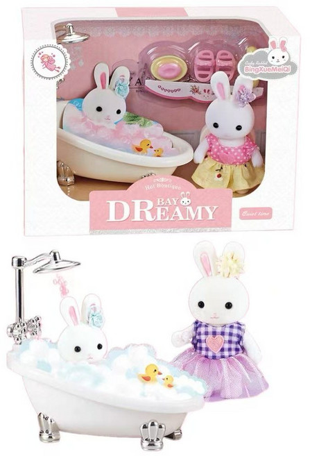 BAY DREAMY娃娃屋套裝 兔子玩偶與迷你家具, 洗澡款, 1個