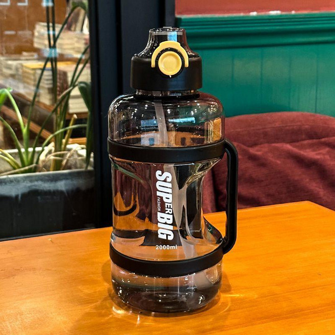 大容量運動水壺 雙飲吸管杯, 黑色 大噸噸 2000ml,杯子, 1個