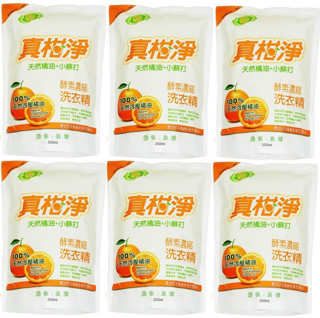 真橙淨 天然成分冷壓橘油小蘇打酵素濃縮洗衣精(補充包), 4個, 2L