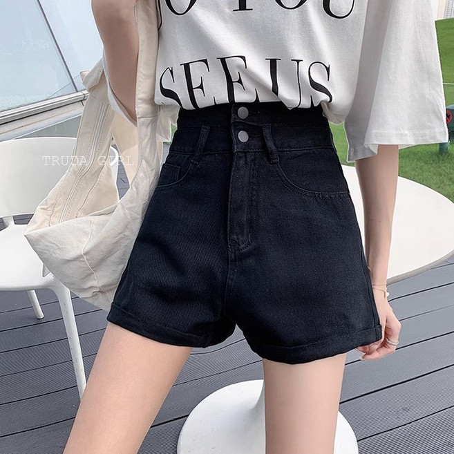 《杜達女孩》夏季軟牛仔反摺雙扣高腰寬鬆A字短褲