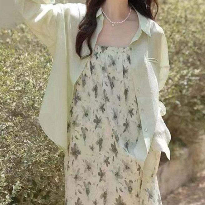 good 小清新碎花連衣裙女胖長袖休閒襯衫吊帶裙兩件套裝