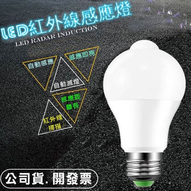 LED燈泡 人體感應紅外線感應燈 12W E27 樓梯走道燈, 1個, 黃光, 紅外線光控型
