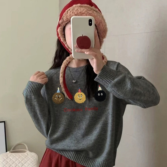 杜達女孩 曲奇笑臉 減齡保暖 女 秋冬 可愛卡通 羊絨混紡毛衣