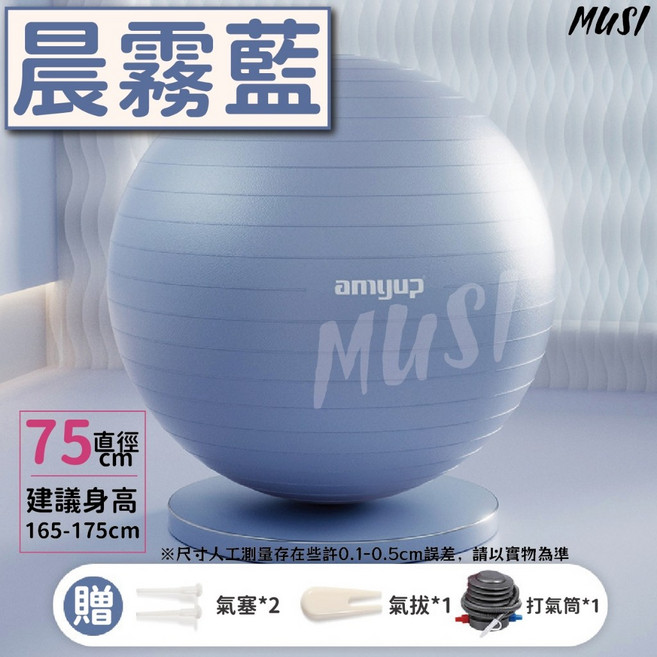 皮拉提斯 加厚防爆 附充氣用品 居家健身, 瑜珈球-75cm晨霧藍(實際顏色較淺)