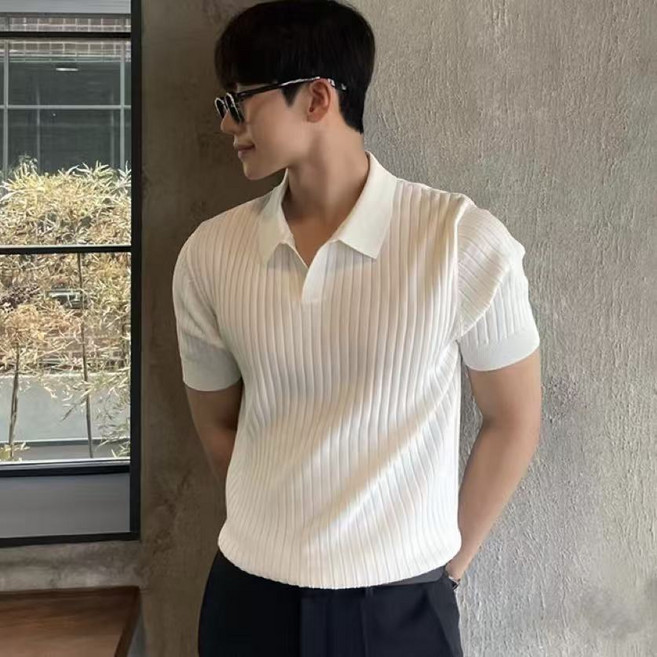 남성 머슬핏 반팔 니트 스탠다드 카라 티셔츠 폴로 심플한 코디 상의 소프트