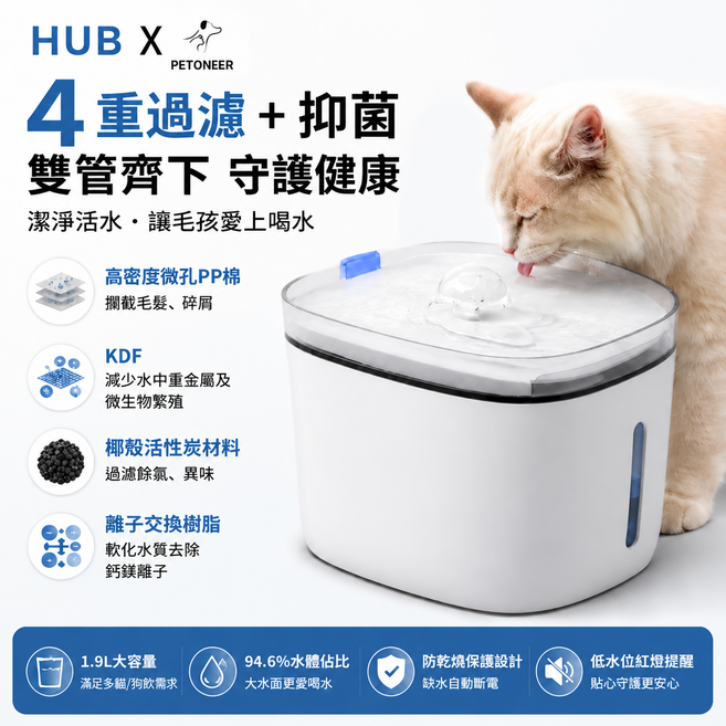 PETONEER 無線寵物飲水機 智能APP 四重過濾 循環出水, 1個