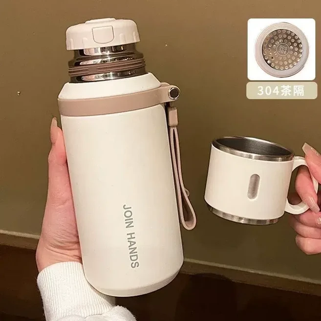 JOIN HANDS 316不鏽鋼保溫杯 600ML 附杯, 白色600ML 帶濾網帶小蓋 杯刷, 1個