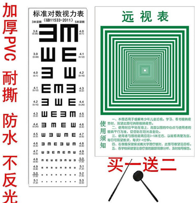 台灣公司貨 標準兒童家用視力表 國際標準掛圖對數測近視眼睛度數, 雙E+遠眺圖+遮眼板+指揮棒, 1個