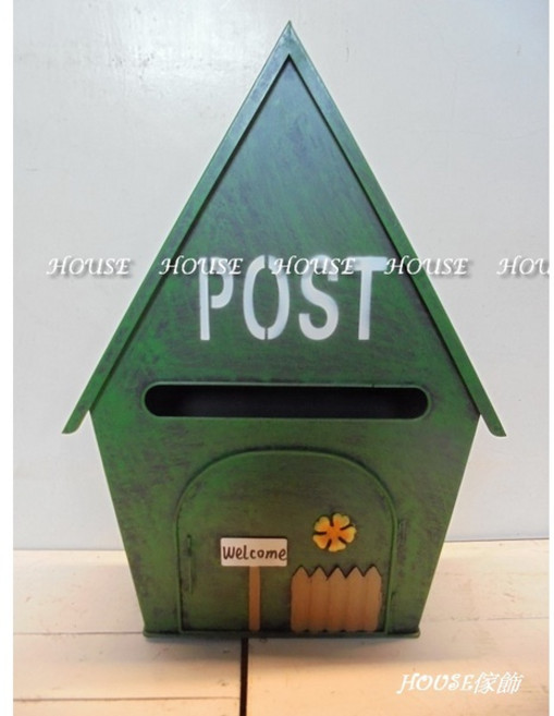 House傢飾館 鄉村風格 復古鐵皮彩繪花朵柵欄POST大屋型門牌信箱 - 5款限量新發售, 綠, 1個