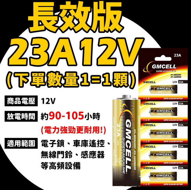 GMICELL 23A 12V 長效版電池,適用於遙控器、車庫門、無線門鈴, 1顆, 【長效版】23A 12V-單顆售