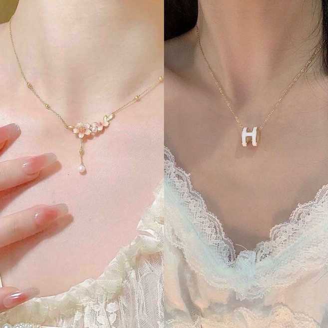 甜美輕奢十二花神櫻花雨珍珠項鍊女黃金色氣質百搭小衆頸鍊鎖骨鏈