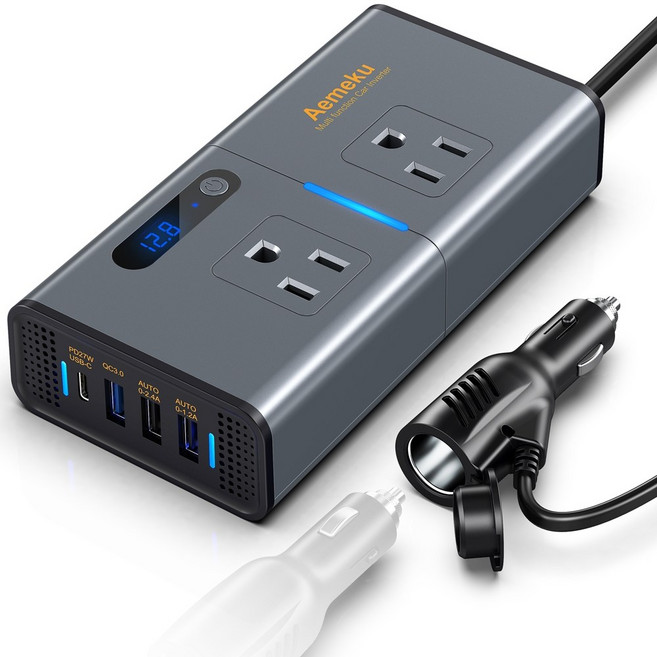 Aemku 多功能車用逆變器,200W,PD27W/QC3.0 18W 快速充電,12V轉110V,附點煙器充電器, 1個, 12V轉110V【200W】, 深灰