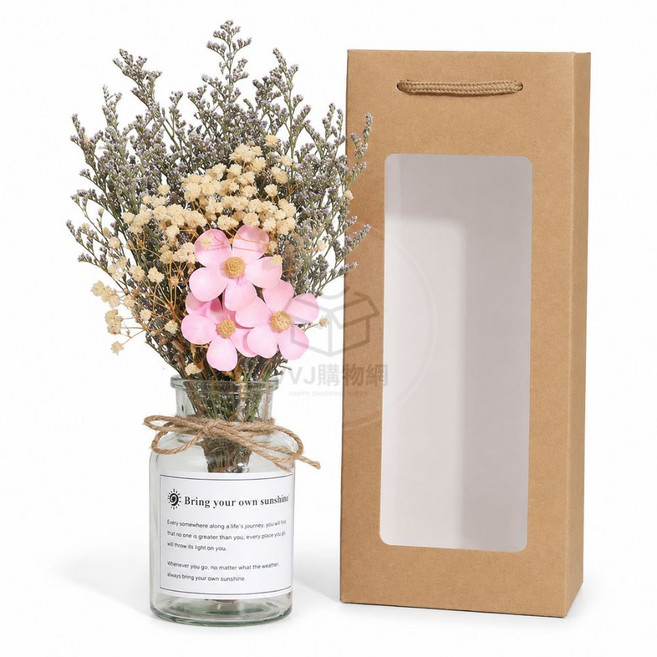 韓系乾燥花禮盒 永生花 附提袋, 玫紅立體花【含玻璃花瓶+禮盒提袋】, 玫紅立體花