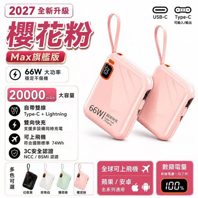 固態電池 防爆電芯【3ccc認證 WH標識 三年質保】可上飛機 20000mAh 快充 行動電源 數顯 自帶線行充, 櫻花粉, 131-pro