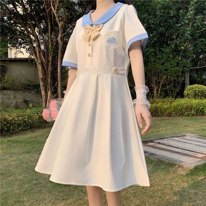 日系娃娃領學院風洋裝 女學生寬鬆A字連衣裙 夏季新款, 白色裙+蝴蝶結,M