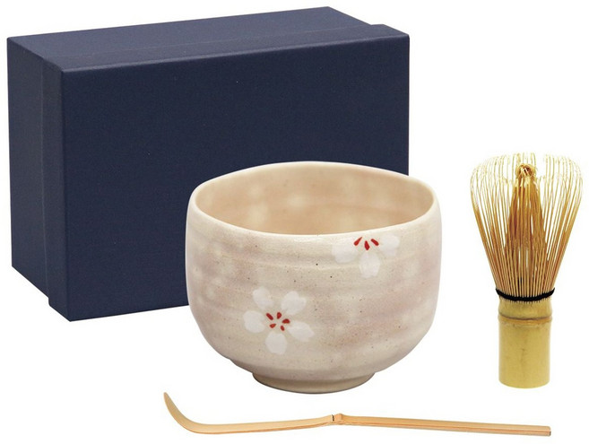 Aika 藍花 抹茶陶瓷櫻花碗 9.5 x 7.5cm + 茶筅 6 x 10.5cm + 茶杓 19cm 3件組, 1個, 白色