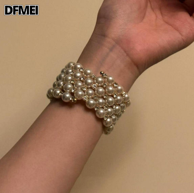 DFMEI 法式氣質粉色玫瑰閃鑽珍珠手鍊女
