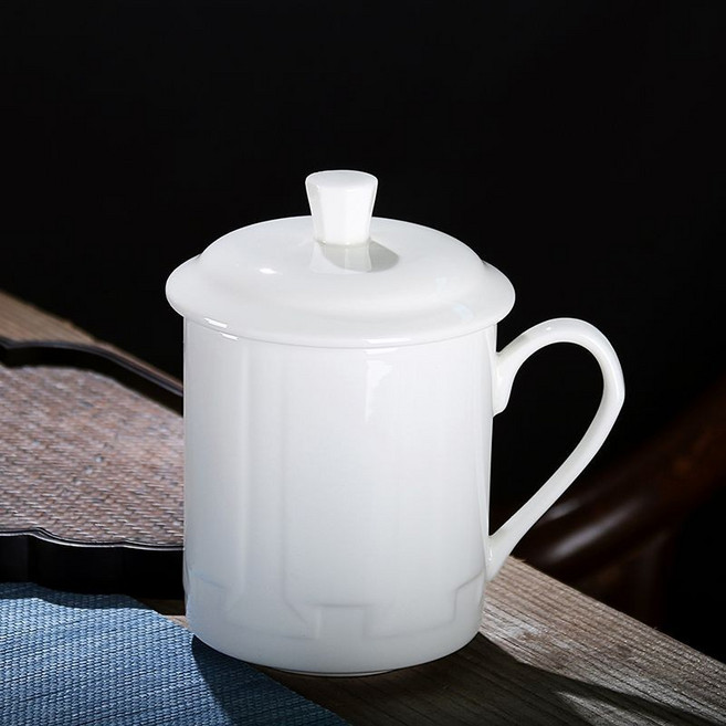 景德鎮陶瓷 帶蓋骨瓷茶杯 純白簡約家用辦公喝水杯 360ml, 1個, 500ml陶瓷老闆純白盃,工廠補貼活動 明天結束