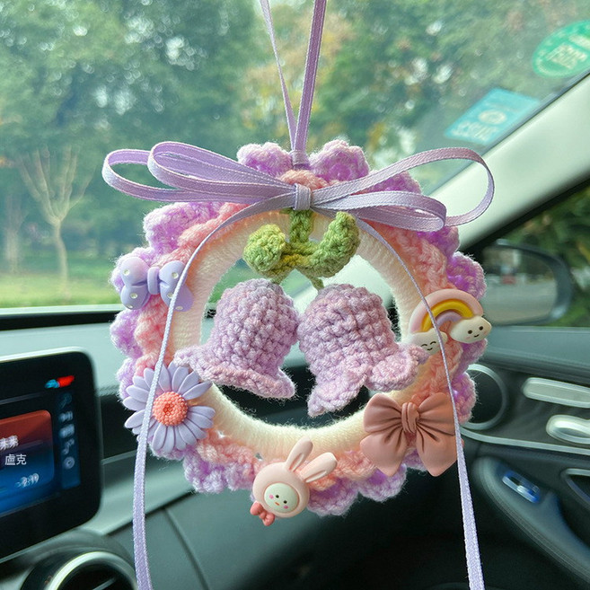 DFMEI 編織成品鈴蘭花汽車掛件網紅車載後視鏡吊墜掛飾創意車內吊飾禮物, 1個, 紫色成品:如圖