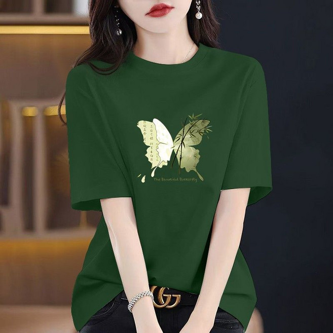 100%純棉圓領短袖T恤女 寬鬆大碼氣質體恤