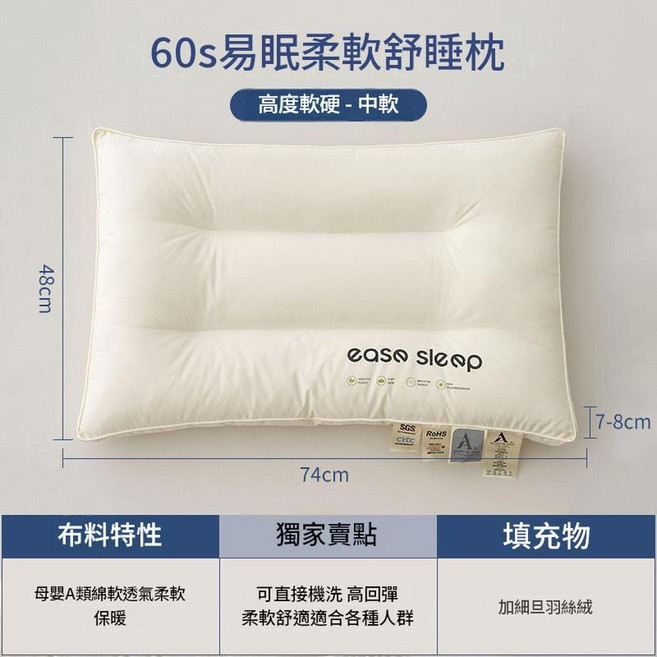 ease sleep 60s 易眠柔軟舒適睡枕 嬰幼兒級A類 可機洗 高回彈, 嬰幼兒級A類標準 - 易眠立體中枕, 1件