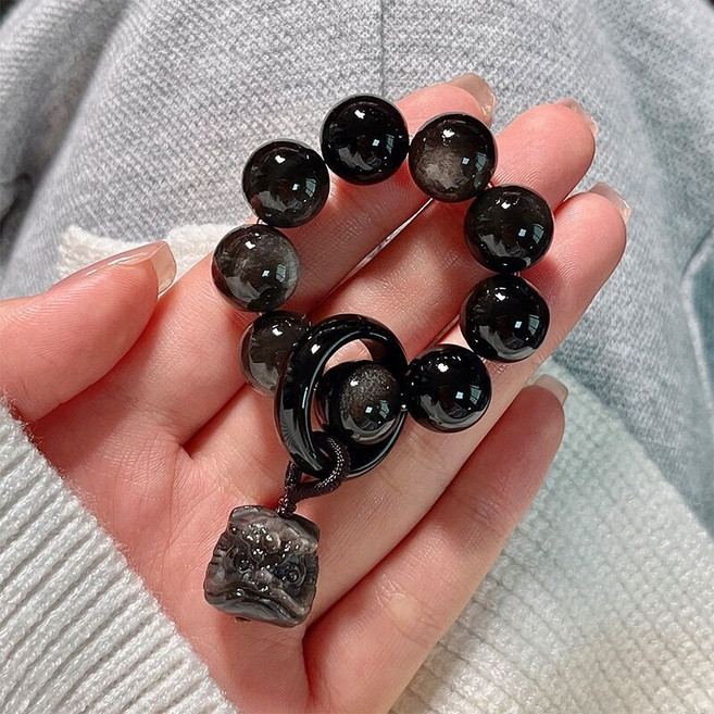 黑曜石 文玩手串 醒獅吊飾 轉運