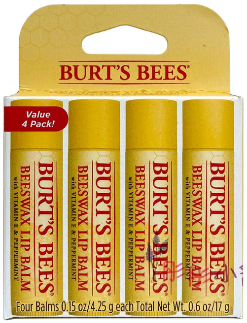 Burt's Bees 蜂蠟護唇膏 水果護唇膏 4件裝, 1個, 蜂蠟經濟裝四件組, 17g, 蜂蠟