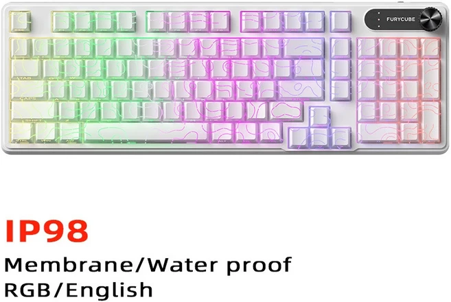 FURYCUBE IP98 Gasket RGB 鍵盤 (英), 98鍵/白色等高線【三模有線+無線2.4g+藍牙】RGB/防水, 藍牙無線機械鍵盤防水電競鍵盤, 98鍵