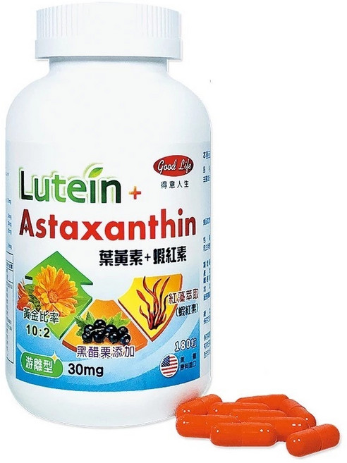 得意人生 游離性葉黃素 蝦紅素 180粒 營養配方, 1個, 【高單位30mg葉黃素+蝦紅素】180粒