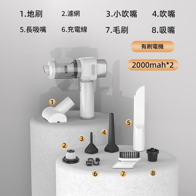 無線大吸力手持吸塵器 2000mah*2, ZY - 3103 - A - 有刷款 - 白色, 如圖