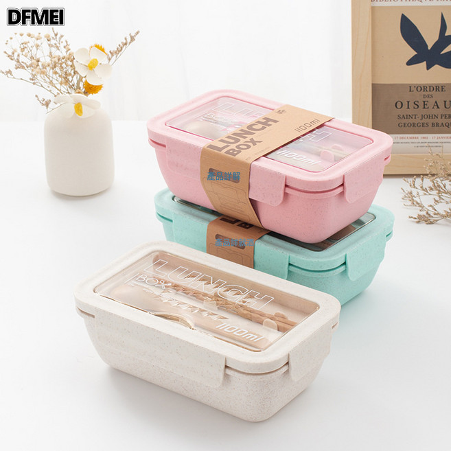 DFMEI 簡約學生飯盒可進微波爐加熱上班族便當盒女生輕食減脂分隔午餐盒, 1個, 長方1100ml-筷勺款:綠色