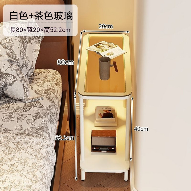 超窄雙層床頭櫃 邊桌 現代簡約收納架, 白+茶色璃鋼化