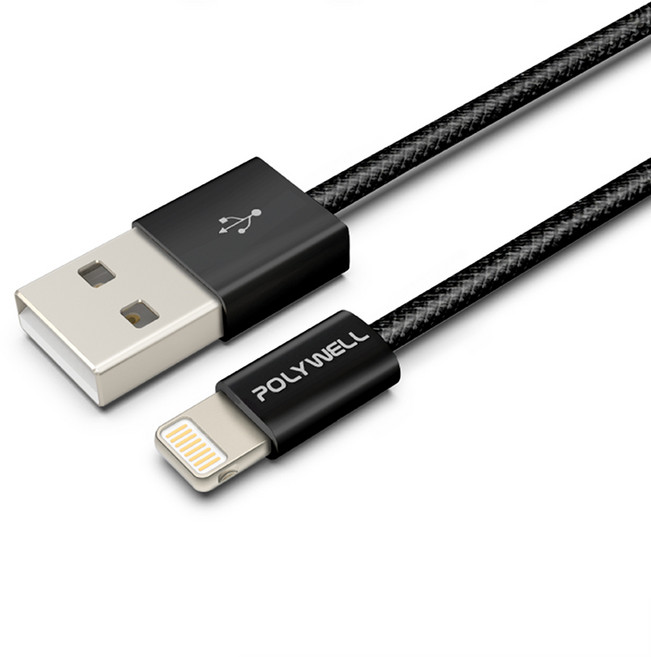 POLYWELL A to Lightning 編織充電線, 黑色, 1個, 100cm