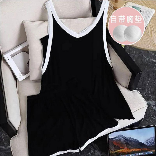 夏季V領無袖睡衣女兩件套裝,帶胸墊居家服,簡約寬鬆