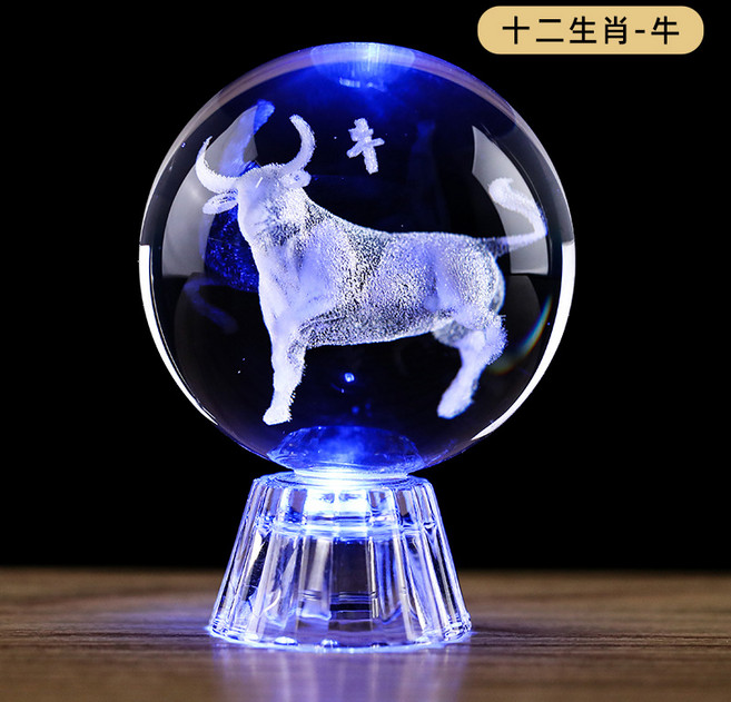 達姿 水晶球擺件 十二生肖/星座內雕水晶玻璃工藝品, 十二生肖-牛