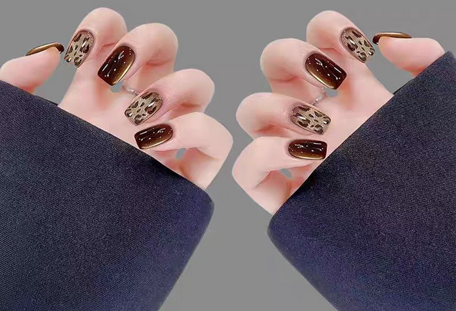 GUEFOON 香檳色貓眼豹紋穿戴甲貼片, 1個, S:短方(15mm)(6861)