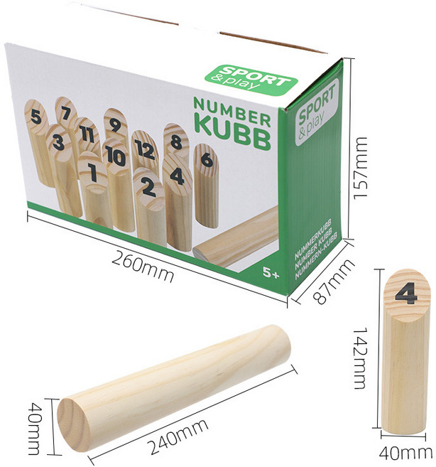 SPORT & play NUMBER KUBB 木製芬蘭撞柱遊戲 實木投擲親子互動玩具 團建競技 適合5歲以上, 1個, 彩盒