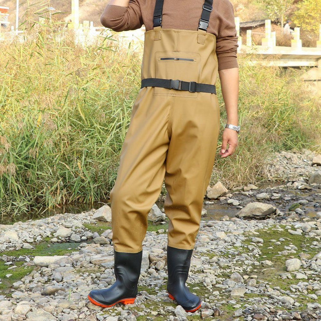 防水下水褲 捕魚釣魚涉水褲 耐磨加厚連體雨褲, 加高加厚土豪金不帶護膝 B款揹帶,鞋號46碼, 土豪金, 揹帶 B款, 46碼