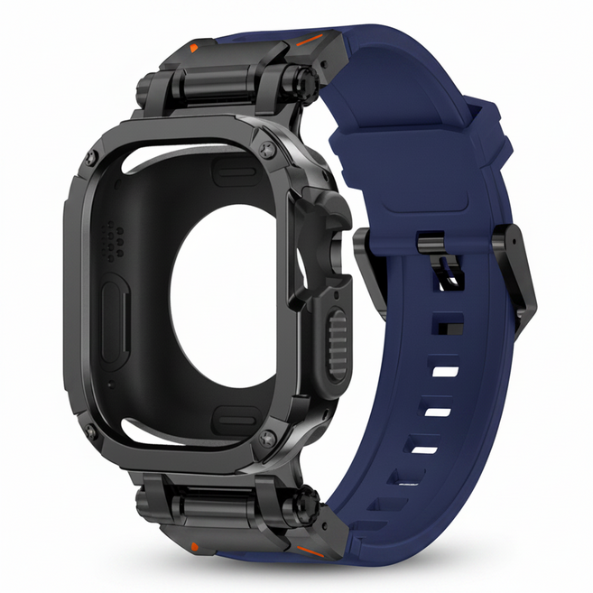 【錶帶 保護殼】一體 適用 Apple Watch 11 10 錶帶 9 8 7 SE 49mm 46mm 蘋果錶帶, 黑藍鎧甲錶帶+黑色鎧甲殼,46mm(S11/S10)通用, 1個