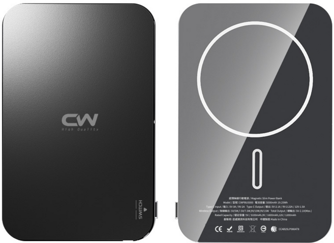 CW 超薄磁吸行動電源 PD快充 Magsafe無線充電 Type C 迷你隨身充, 黑色,5000mAh, 黑色, 5000mAh