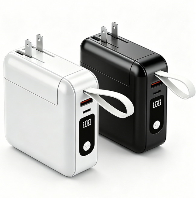 移動電源 自帶線口袋快充充電寶 多功能無線充電, 黑色【自帶雙線+折疊插頭】,20000mAh, F16