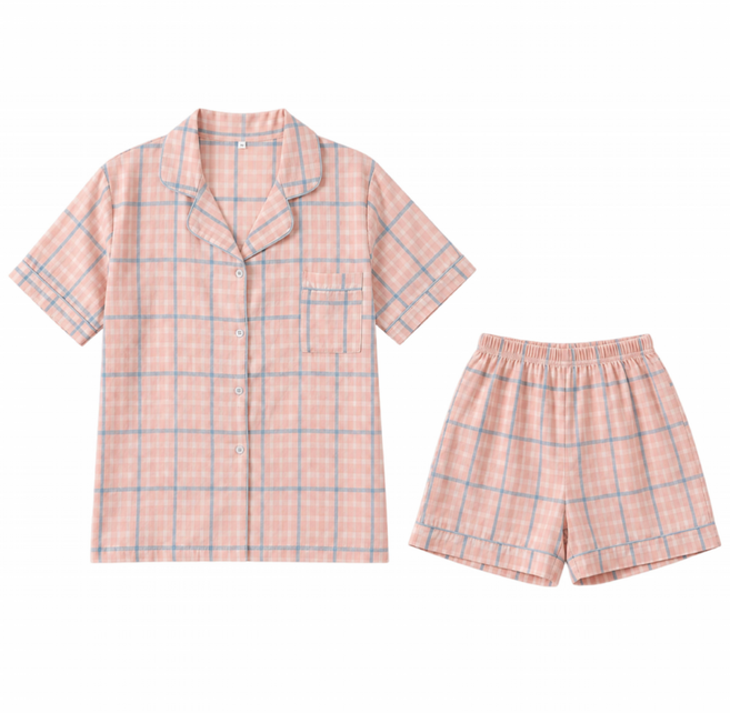 Helena 女生格子睡衣 開衫短袖兩件式家居服 短褲睡衣套裝