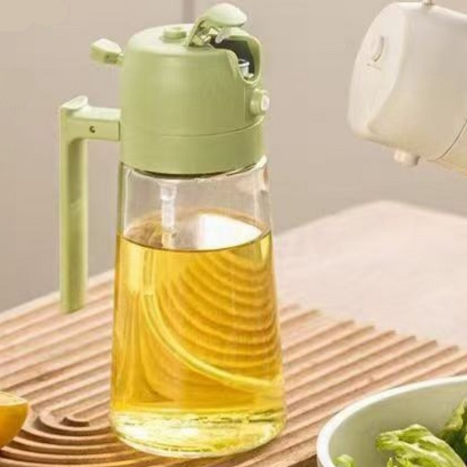 噴霧油壺 玻璃兩用噴油瓶 廚房調味罐 裝油瓶, 1個, 玻璃瓶+噴倒兩用蓋【綠蓋一套】,470ml
